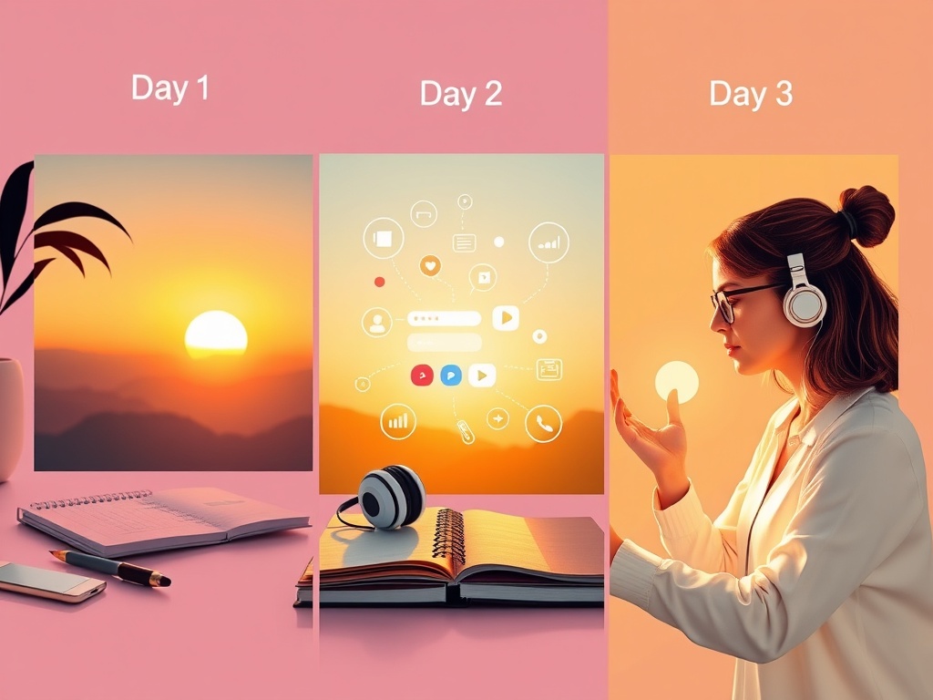 A split-scene learning journey with three panels