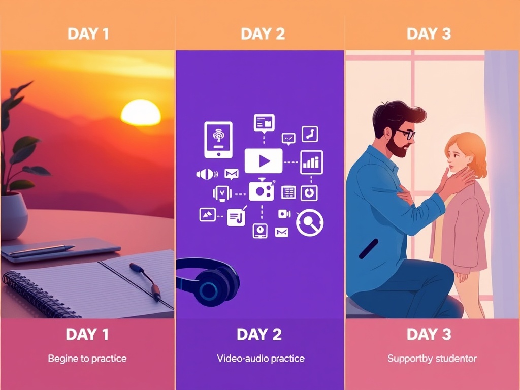 A split-scene learning journey with three panels