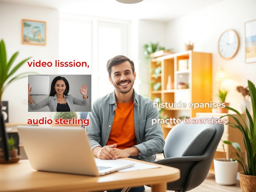 A friendly Spanish tutor in a bright home office, guiding a beginner; split scene of "video lesson", "audio listening", "practice exercises"; warm inviting colors, no logos.