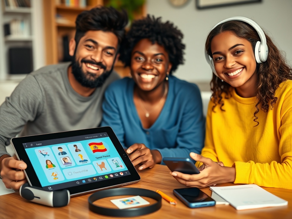 "three diverse learners smiling" "tablet playing Spanish-style lesson visuals" "headphones near a smartphone" "cozy home desk with notes and flashcards" "warm confident mood" "soft natural lighting" "shallow depth of field"