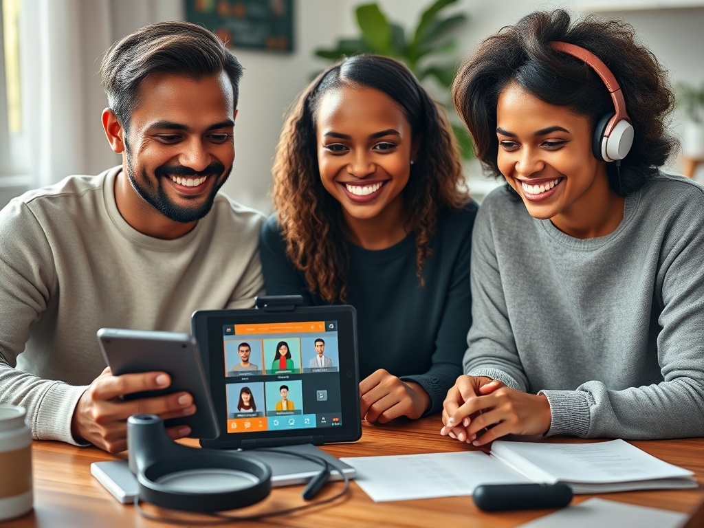 "three diverse learners smiling" "tablet playing Spanish-style lesson visuals" "headphones near a smartphone" "cozy home desk with notes and flashcards" "warm confident mood" "soft natural lighting" "shallow depth of field"