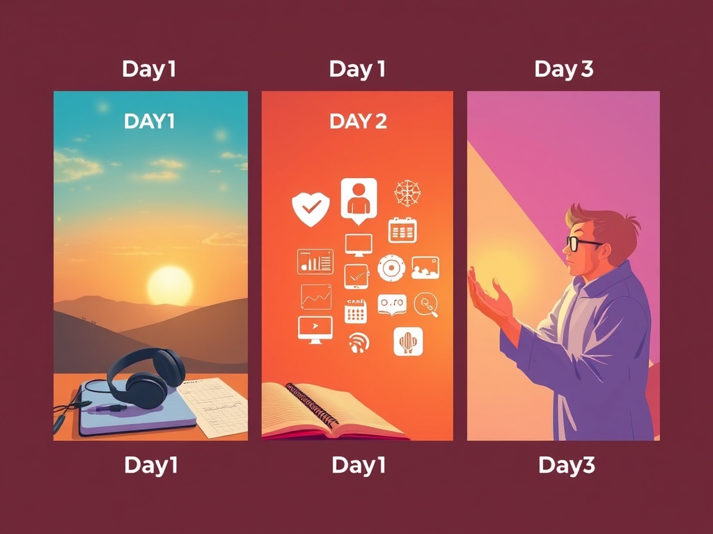 A split-scene learning journey with three panels