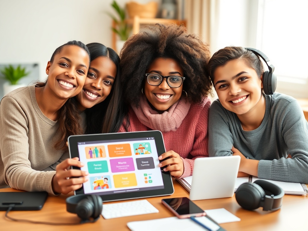 "three diverse learners smiling" "tablet playing Spanish-style lesson visuals" "headphones near a smartphone" "cozy home desk with notes and flashcards" "warm confident mood" "soft natural lighting" "shallow depth of field"
