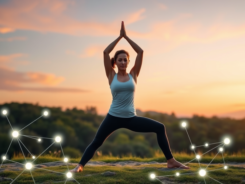 Vrouw in yogahouding op gras bij zonsondergang met verbonden, gloeiende punten.