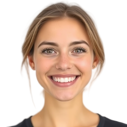 Vrouw met een brede glimlach, witte achtergrond.