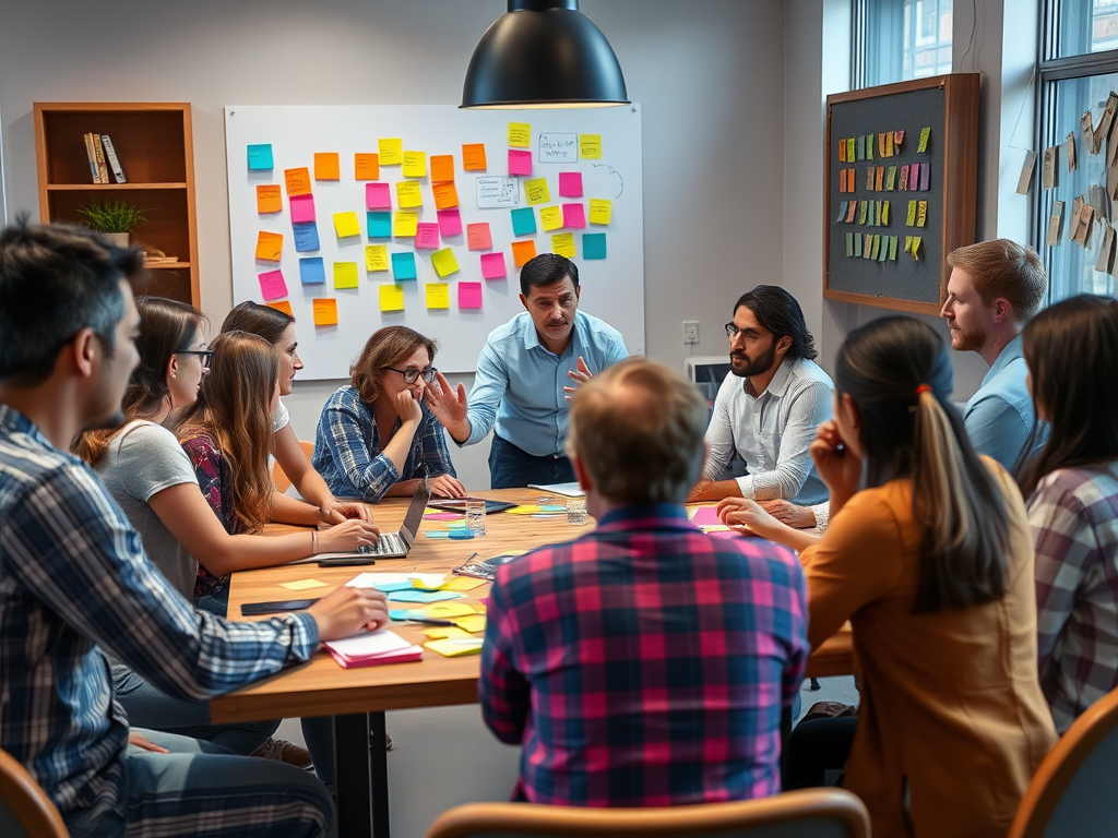 Een levendige workshop met een diverse groep die brainstormt.