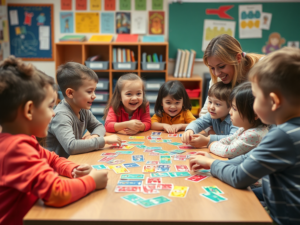 Een levendige klas met kinderen die een kaartspel spelen.