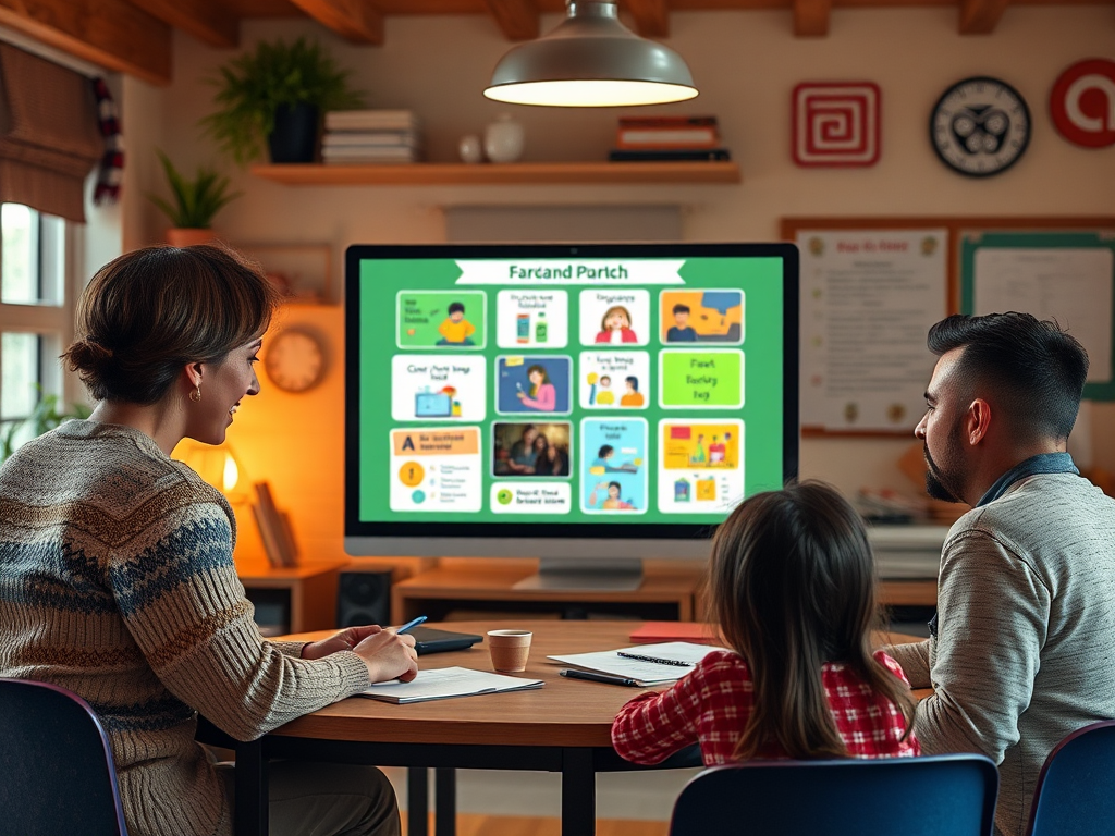 Een gezellige online klas met ouders en een computer.