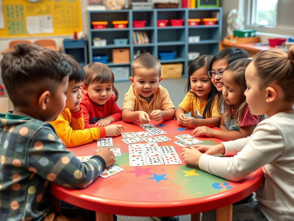 Kinderen spelen enthousiast een kaartspel aan tafel.