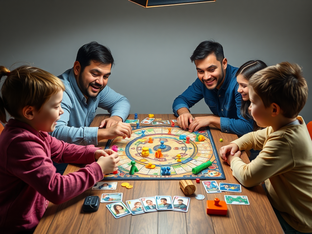 Een kleurrijk bordspel met spelende ouders en kinderen.