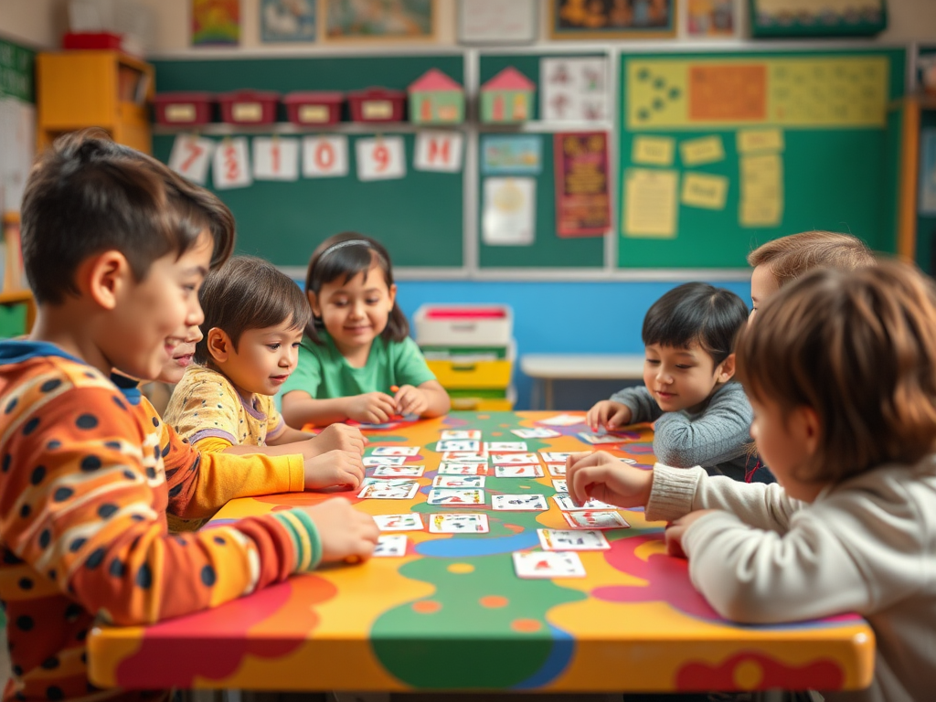 Kinderen spelen enthousiast een kaartspel aan een kleurrijke tafel.