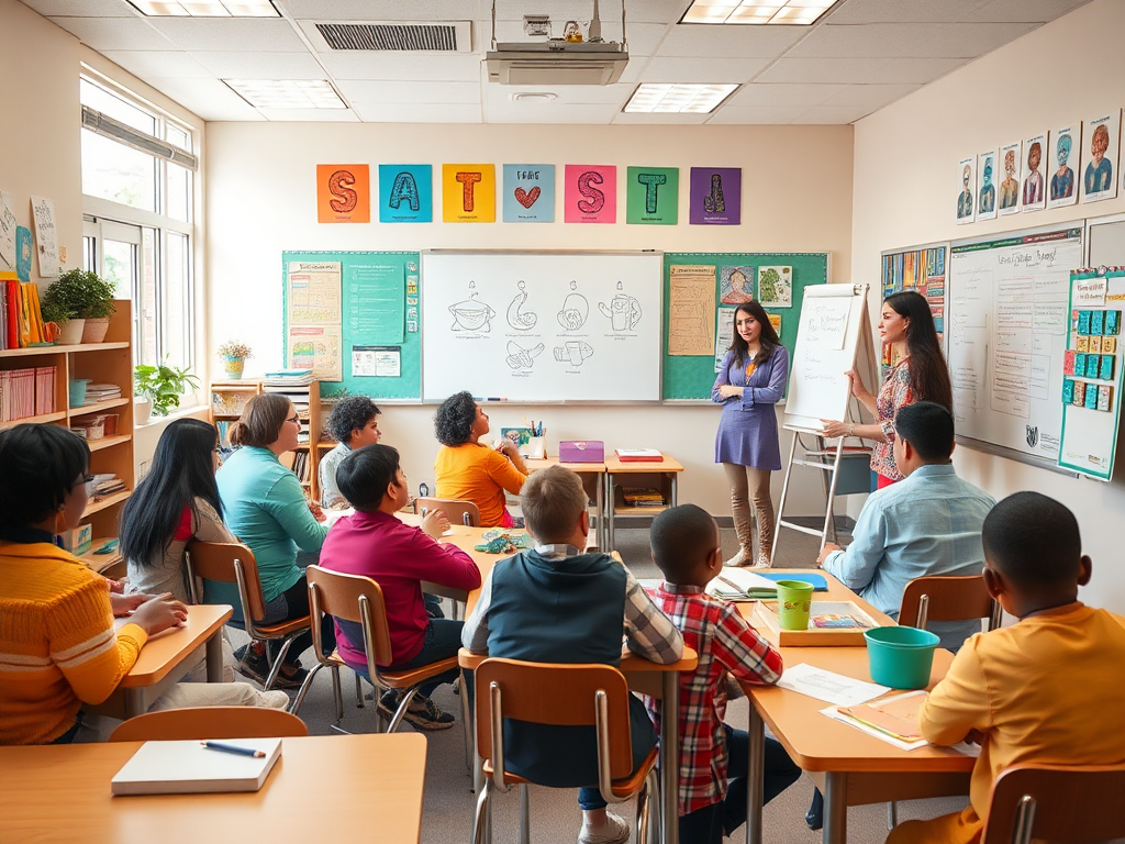 Een warme klaslokaalsetting met ouders en een docent.