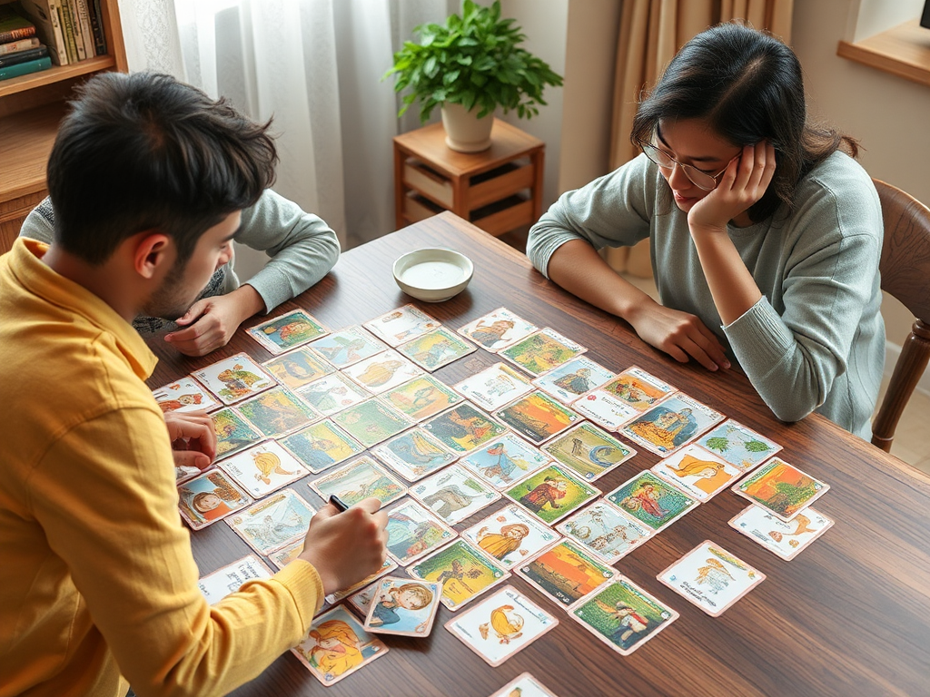 Een kleurrijk kaartspel op tafel met een ouder en kind.
