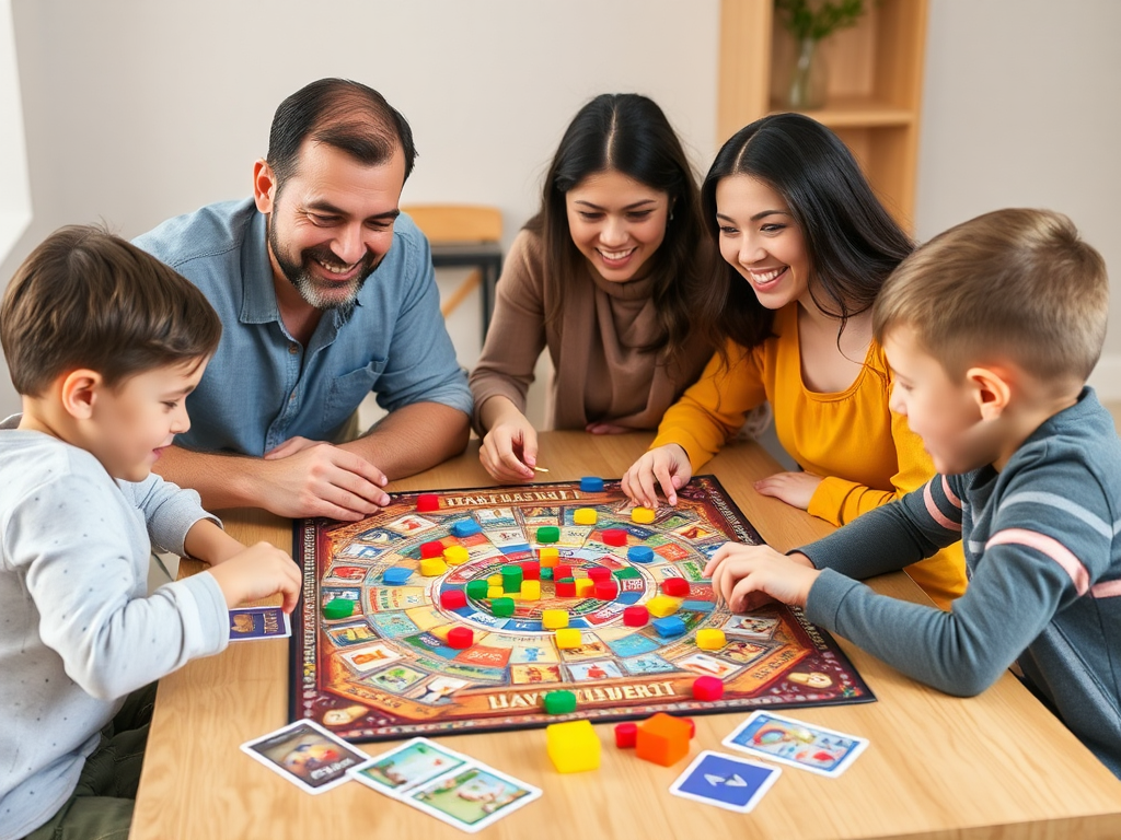 Een kleurrijk bordspel met blije gezinnen aan tafel.