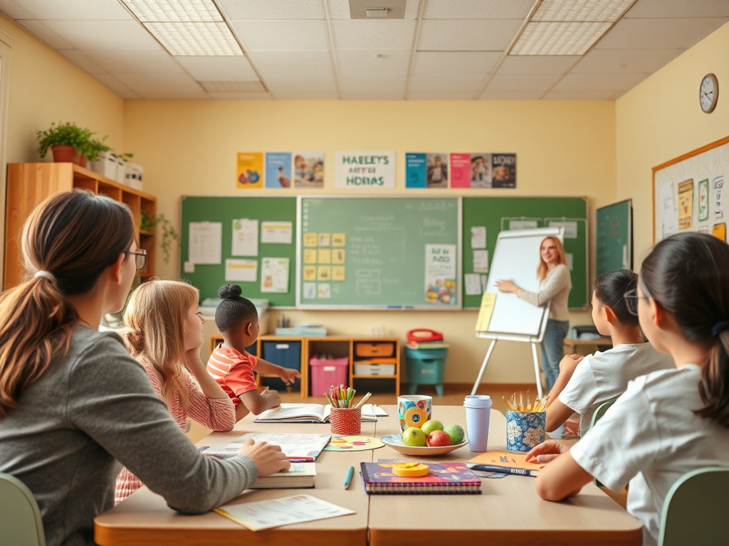 Een warme klaslokaalsetting met ouders en een lerares.
