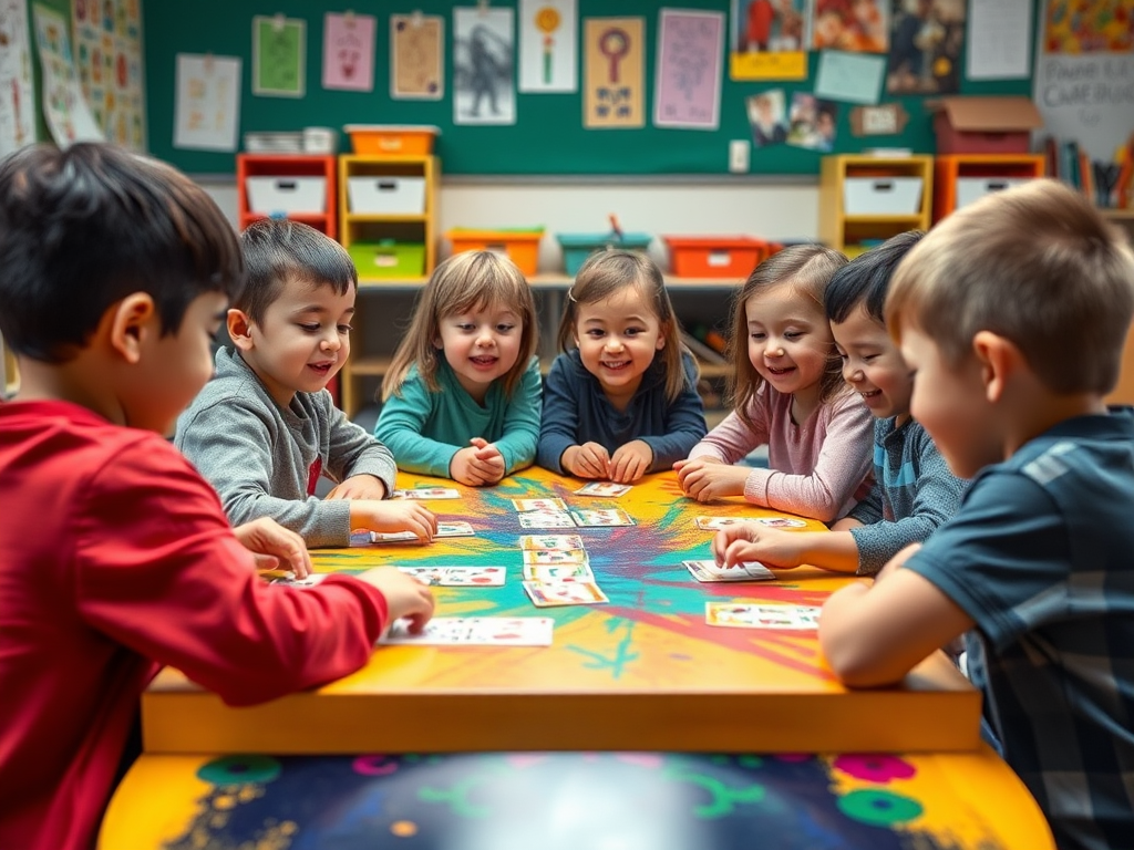 Kinderen spelen enthousiast een kaartspel aan een kleurrijke tafel.