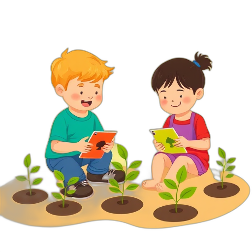 Kinderen spelen met kleurrijke kaarten tussen groeiende planten.