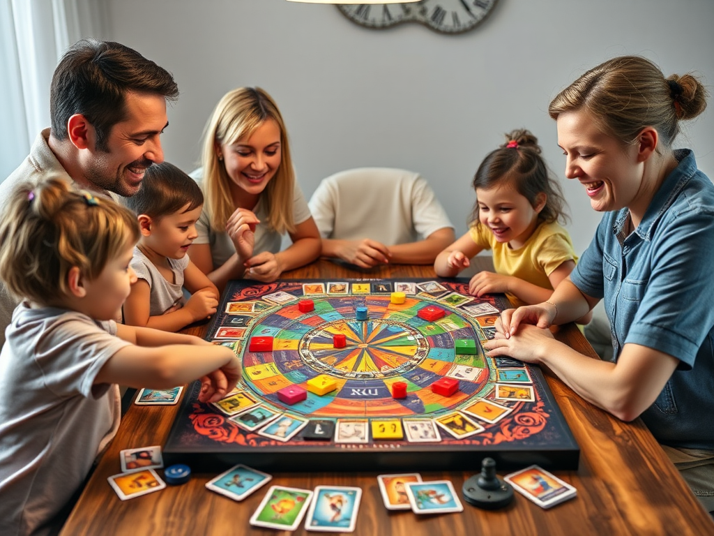 Gezin speelt een kleurrijk bordspel aan tafel.