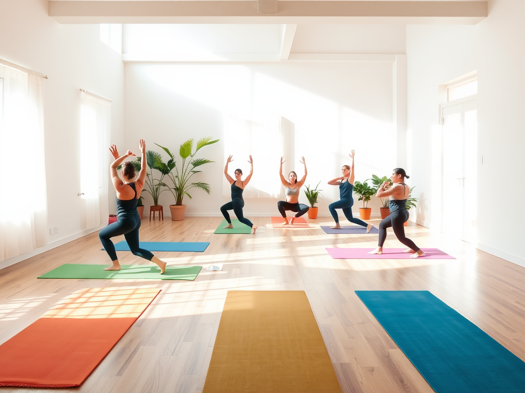 Een serene yogastudio met kleurrijke matten en beginners.