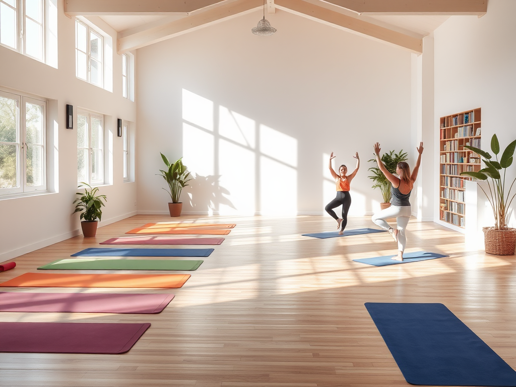 Een rustige yogastudio met kleurrijke matten en planten.