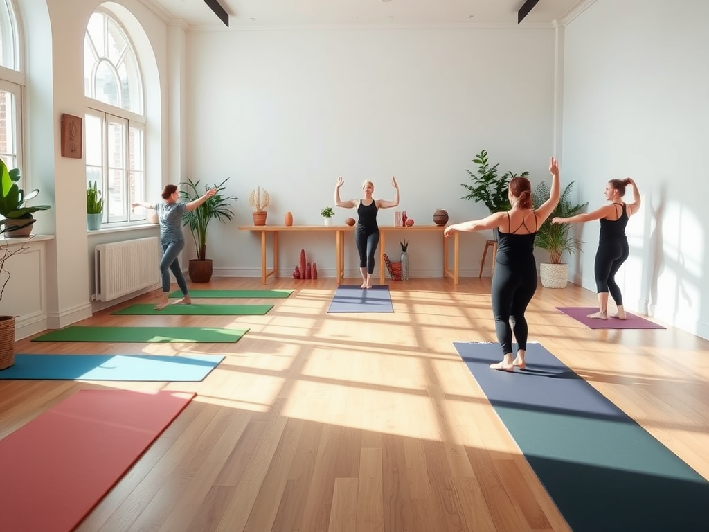 Een rustige yogastudio met kleurrijke matten en beginners.