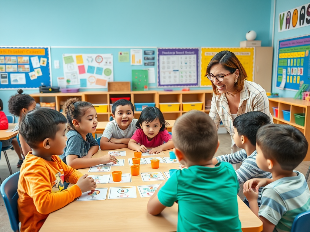 Een klaslokaal met blije kinderen en een leraren.