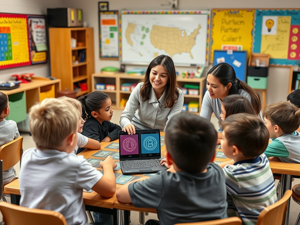 Een klaslokaal met blije kinderen die interactieve spellen spelen.