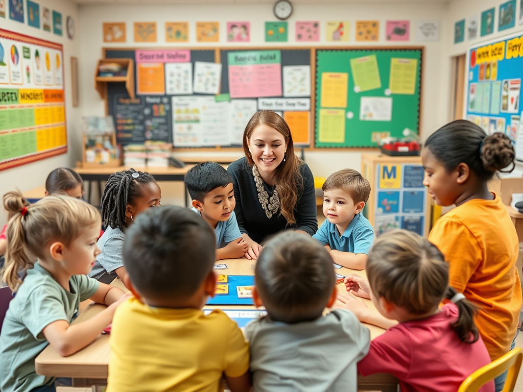 Een klaslokaal met spelende kinderen en een glimlachende lerares.