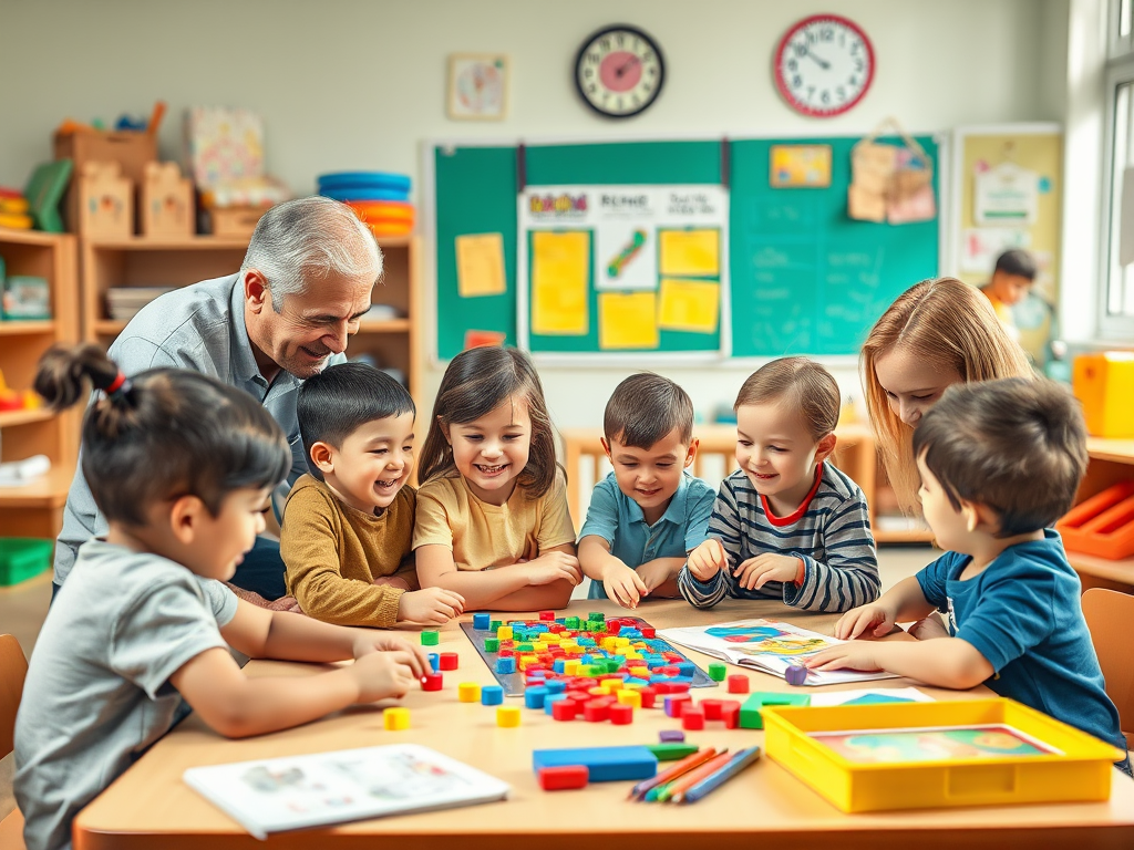 Een levendige klas met ouders en kinderen die spelletjes spelen.