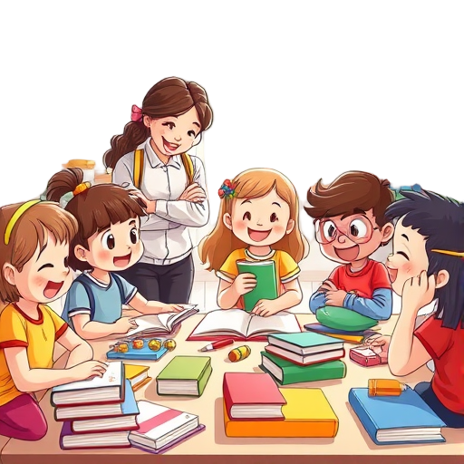 Vrolijke klaslokaal met kinderen en een leerkracht.