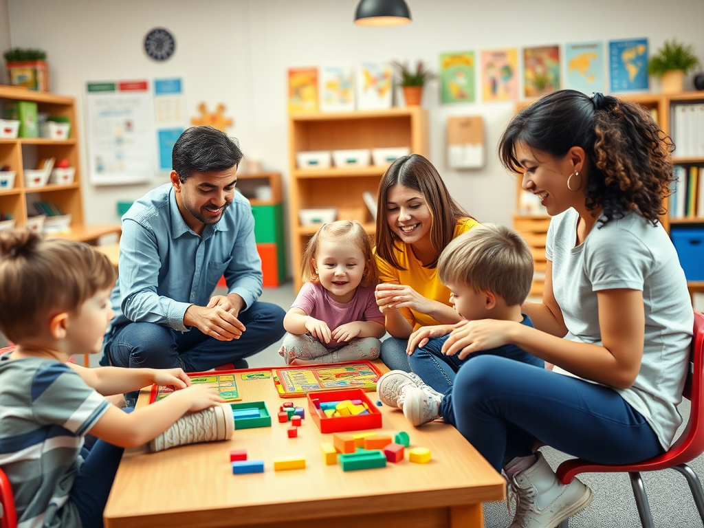 Een levendige klas met ouders en kinderen die samen spelen.