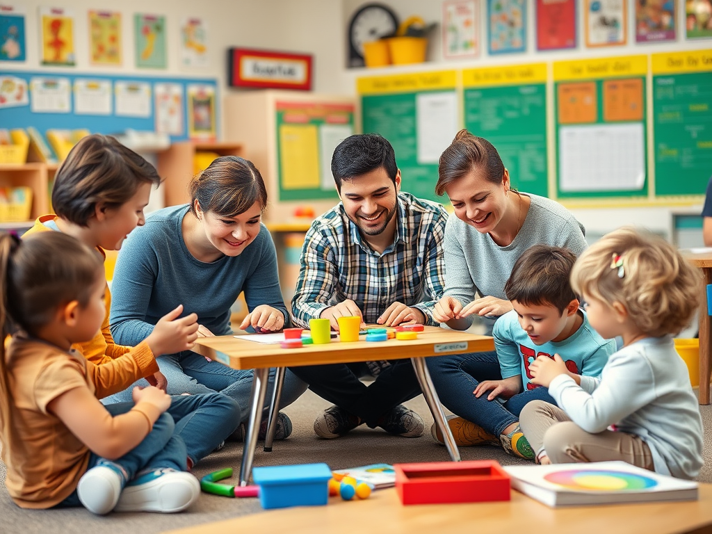 Een levendige klas met ouders en kinderen die spelletjes spelen.