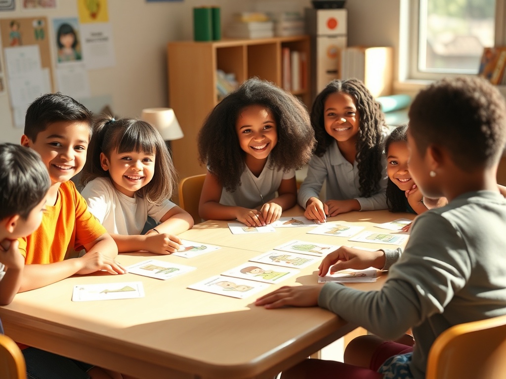"Bright classroom scene" "diverse children (age 10-13) smiling, engaged around a table" "cards with illustrated scenarios" "teacher guiding gently" "warm, hopeful lighting"