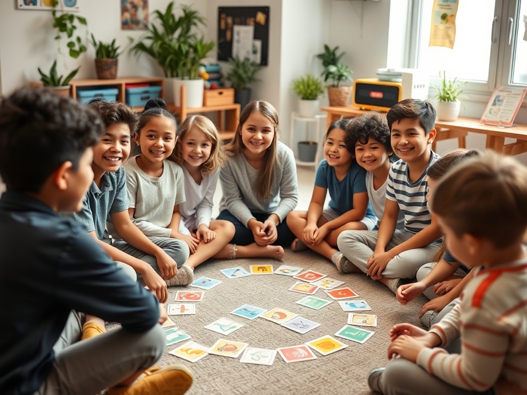 "diverse group of smiling children (10–13) sitting in circle" "teacher guiding playful card game on floor" "colorful cards showing simple icons" "warm classroom light, cozy plants, posters blurred" "engaged, confident expressions, collaborative atmosphe