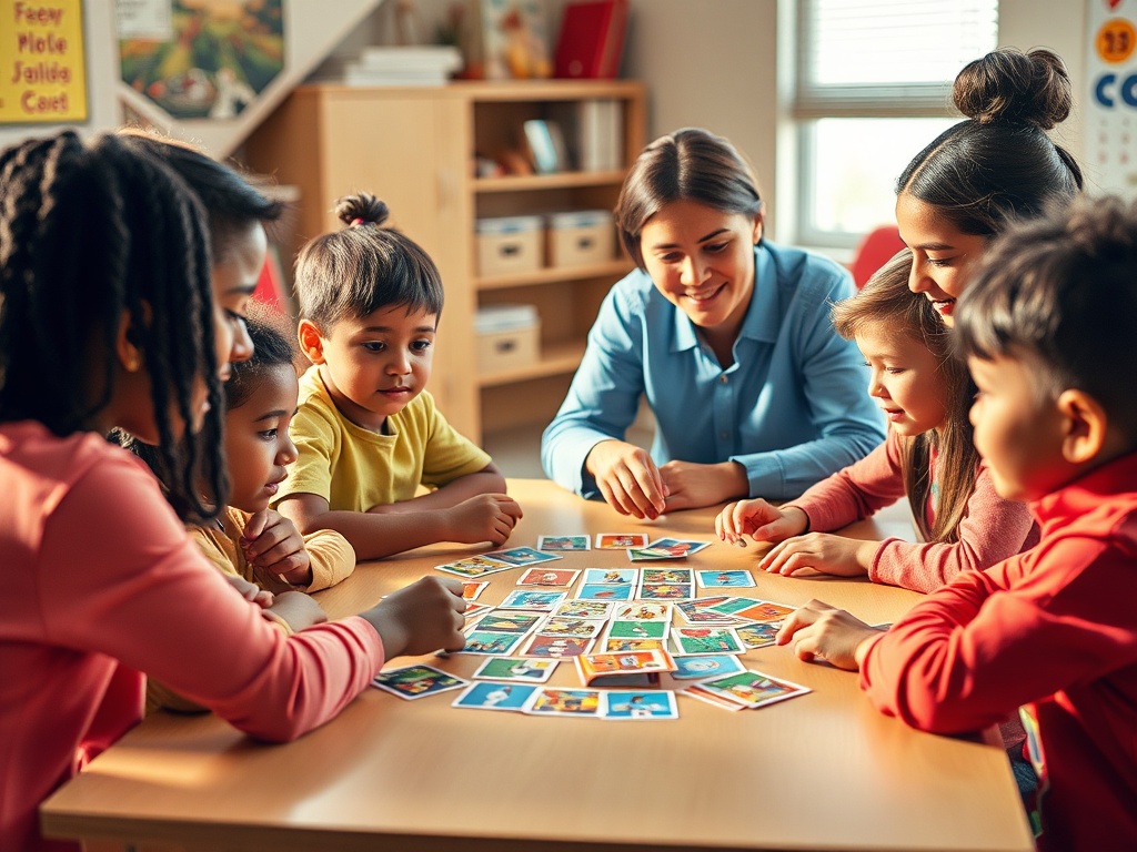 "diverse children around a table" "playing a colorful card game" "teacher guiding gently" "warm classroom light" "expressions of curiosity and confidence"