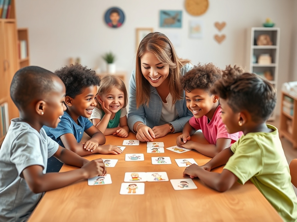 "children and teenager around a table" "diverse ethnicities smiling, engaged" "cards and simple illustrated scenario cards spread" "teacher guiding, warm classroom/home setting" "bright, encouraging colors, playful educational vibe"