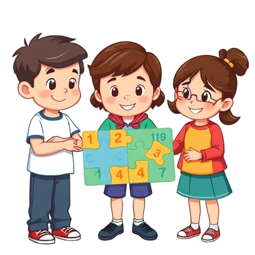 "children holding puzzle" "bright cards spread" "teacher guiding"