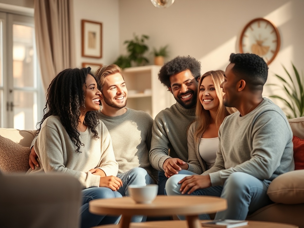 "A warm, inviting living room scene with a smiling diverse group sharing a cozy moment, gentle sunlight, soft colors, subtle weekly hints of happiness, relatable everyday joy."