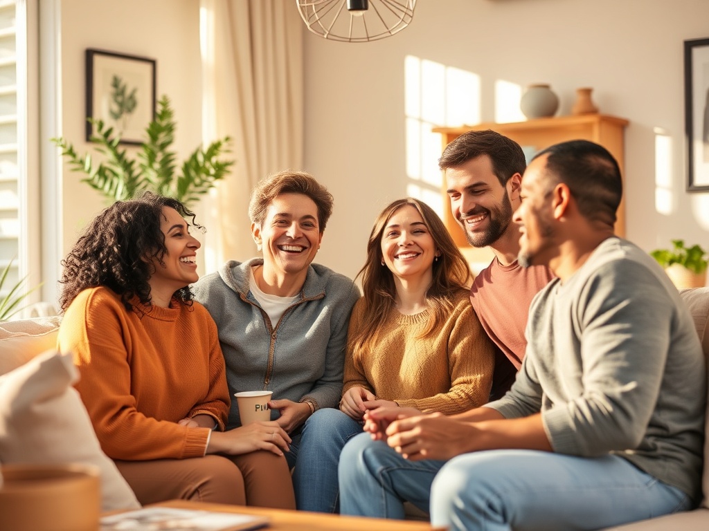 "A warm, inviting living room scene with a smiling diverse group sharing a cozy moment, gentle sunlight, soft colors, subtle weekly hints of happiness, relatable everyday joy."