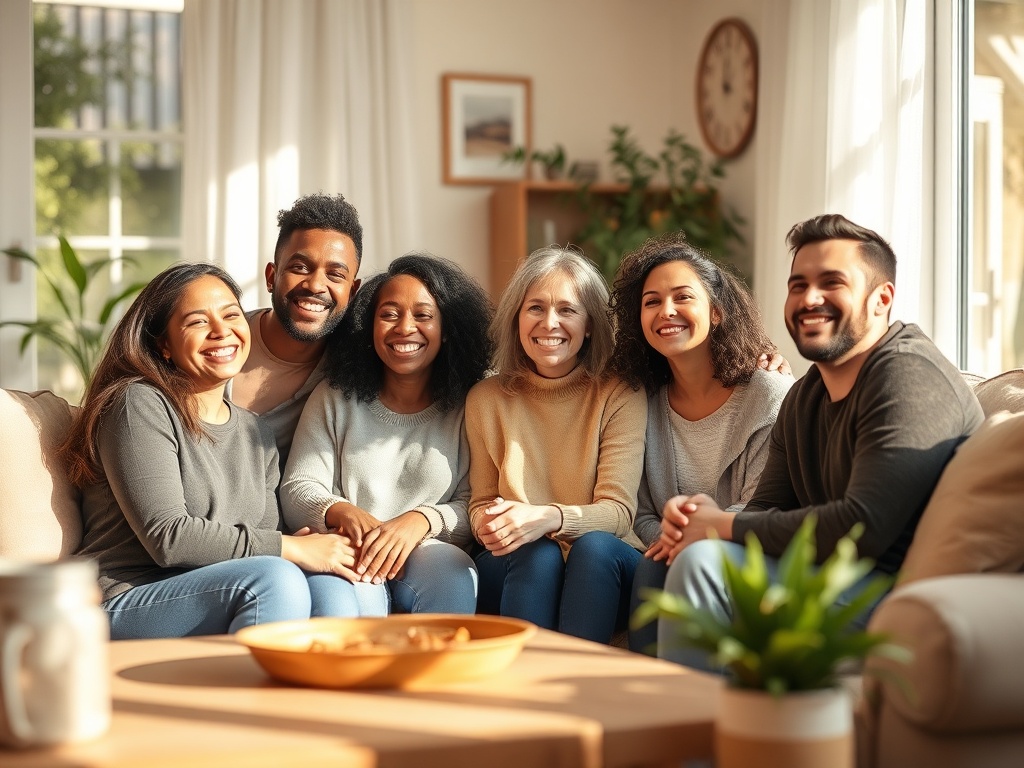 "A warm, inviting living room scene with a smiling diverse group sharing a cozy moment, gentle sunlight, soft colors, subtle weekly hints of happiness, relatable everyday joy."