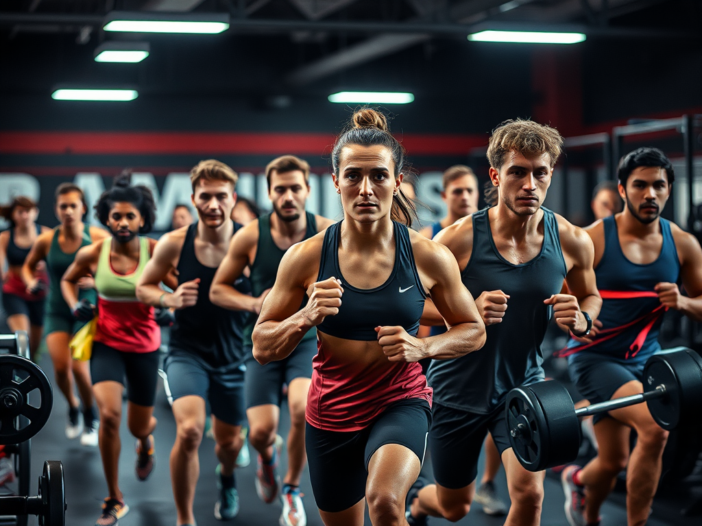 A group of diverse runners training in a gym.