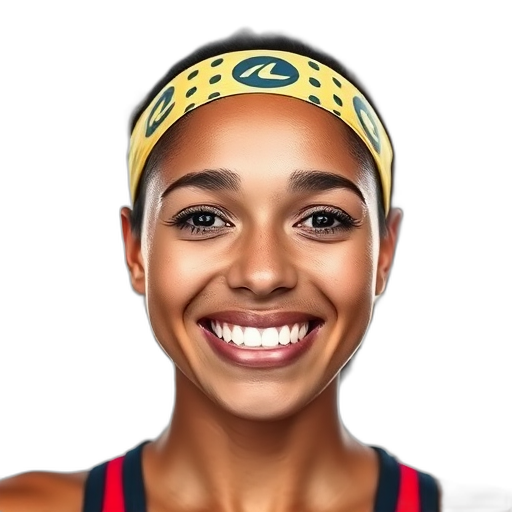 A smiling person with a headband against a white background.