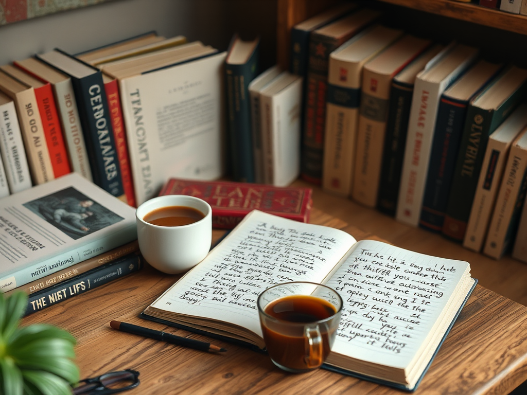 A cozy study with books, coffee, and notes.