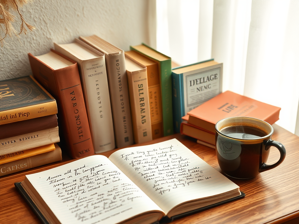A cozy study with books, notes, and coffee.