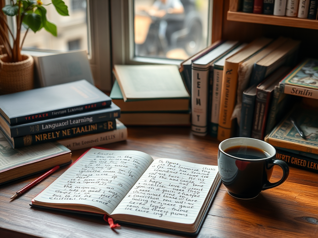 A cozy study with books, notes, and coffee.