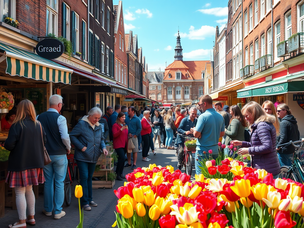 A diverse group of happy people interacting in a lively Dutch street market, surrounded by colorful stalls, tulips, bicycles, and quaint buildings under a bright sky.