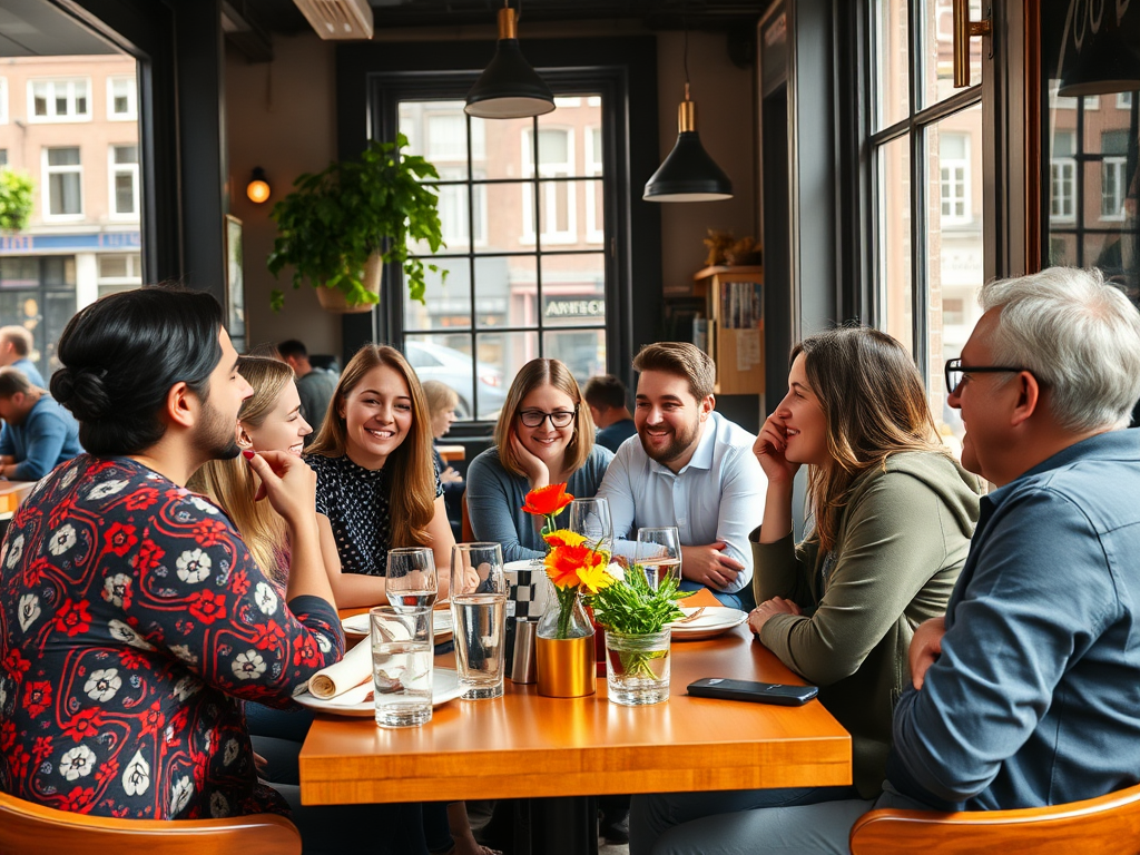 "a diverse group of expats" "engaged in lively conversation" "in a cozy Dutch cafe" "surrounded by vibrant street scenes" "with natural light filtering through windows"