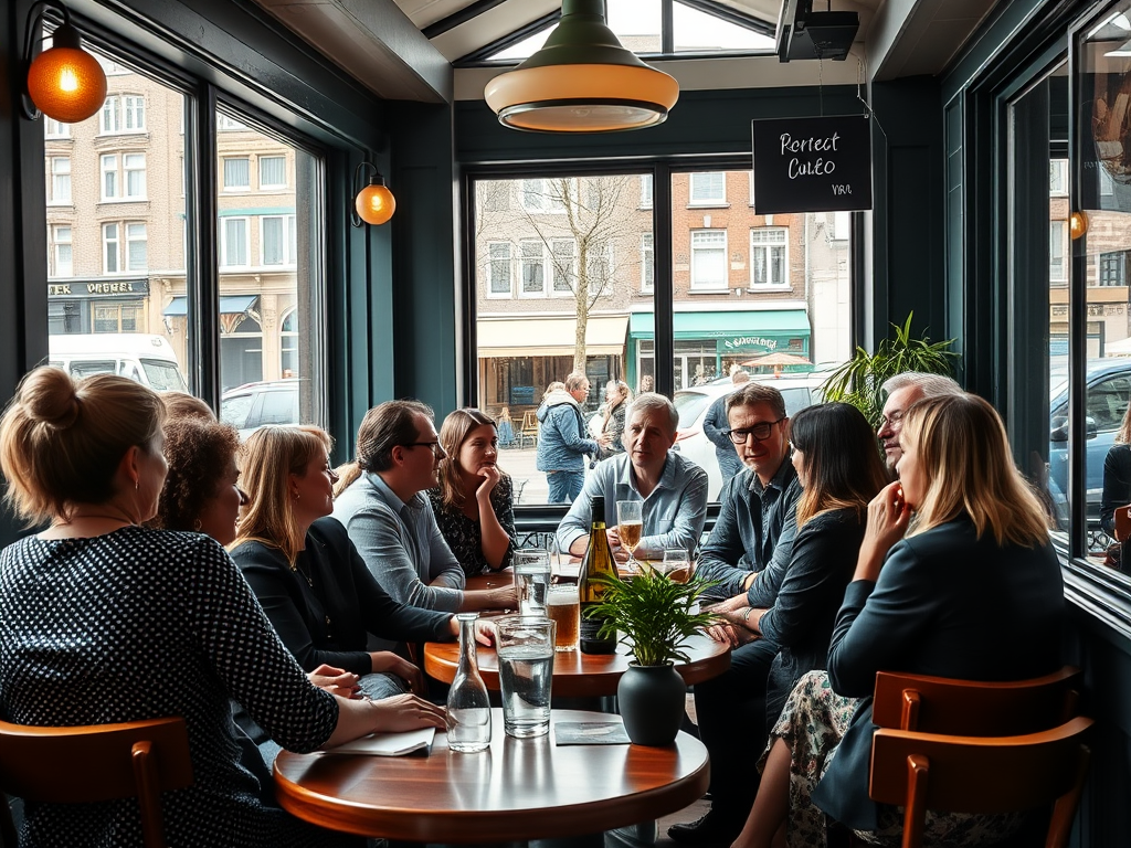 "a diverse group of expats" "engaged in lively conversation" "in a cozy Dutch cafe" "surrounded by vibrant street scenes" "with natural light filtering through windows"