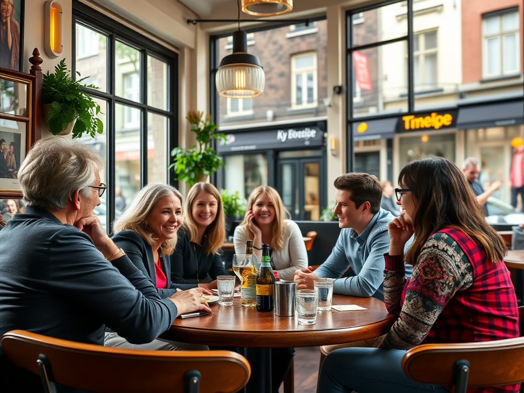 "a diverse group of expats" "engaged in lively conversation" "in a cozy Dutch cafe" "surrounded by vibrant street scenes" "with natural light filtering through windows"