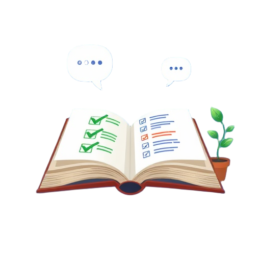 "open book" "speech bubbles" "checklist" "calendar page" "growing plant" "smiling person"